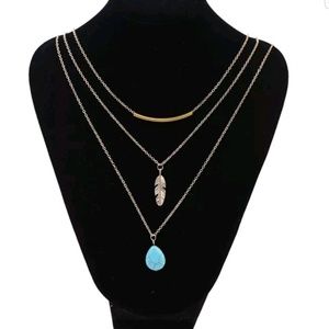 Layered Turquoise Stone Feather Necklace Gold Tone